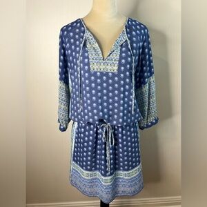 Gap Boho Mini Dress  3/4 sleeve Drawstring  Blue Pockets Summer  SZ S  EUC
